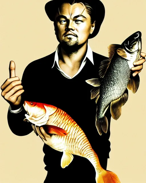 Image similar to photograph of leonardo dicaprio holding a carp in his both hands. movie poster, illustration by bartek fedyczak, erak note, tooth wu, neil richards, kan liu, siwoo kim, jisu choe, trending on art station