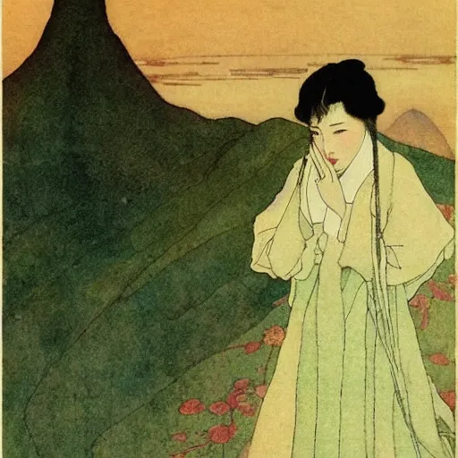 Prompt: Lee Jin-Eun by Edmund Dulac, rule of thirds, seductive look, beautiful,