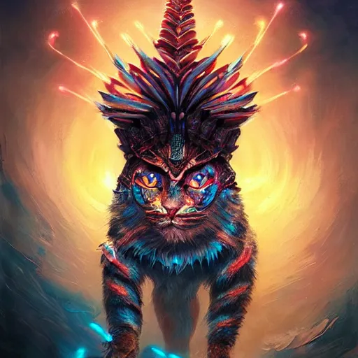 Image similar to synthwave chieftain - cat with ultradetailed aztec - headdress and big glowing cyber eyes by peter mohrbacher and emmanuel shiu and martin johnson heade and bastien lecouffe - deharme, rim light photography