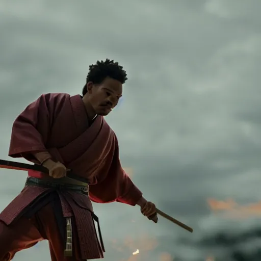 Image similar to cinematic film still of Chance The Rapper starring as a Samurai holding fire, Japanese CGI, VFX, 2022, 40mm lens, shallow depth of field, film photography