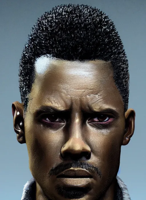 Image similar to dark skinned cyberpunk military man ( blade runner 2 0 4 9, dystopian, cyberpunk 2 0 7 7 character design ), advanced warfare, attractive face. portrait by james gurney and laurie greasley and yoji shinkawa, oil on canvas. cinematic composition, hyper realism, realistic proportions, anatomy, dramatic lighting, photorealistic, high detail, 4 k