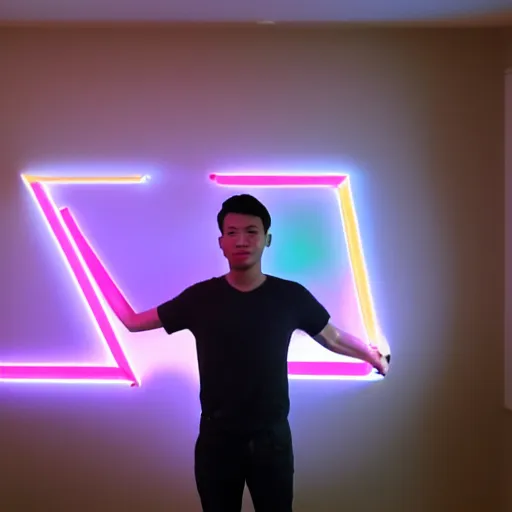 Prompt: a 2 6 year old asian daytrader named jay standing proudly in front of triangular nanoleaf led lights on his wall