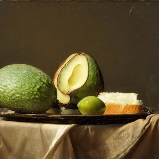 Prompt: still life by willem claesz heda, avocados, chalice, fly, linen, bread