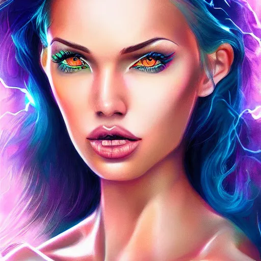 Image similar to electric woman, cute - fine - face, pretty face, oil slick hair, realistic shaded perfect face, extremely fine details, realistic shaded lighting, dynamic background, magali villeneuve, artgerm