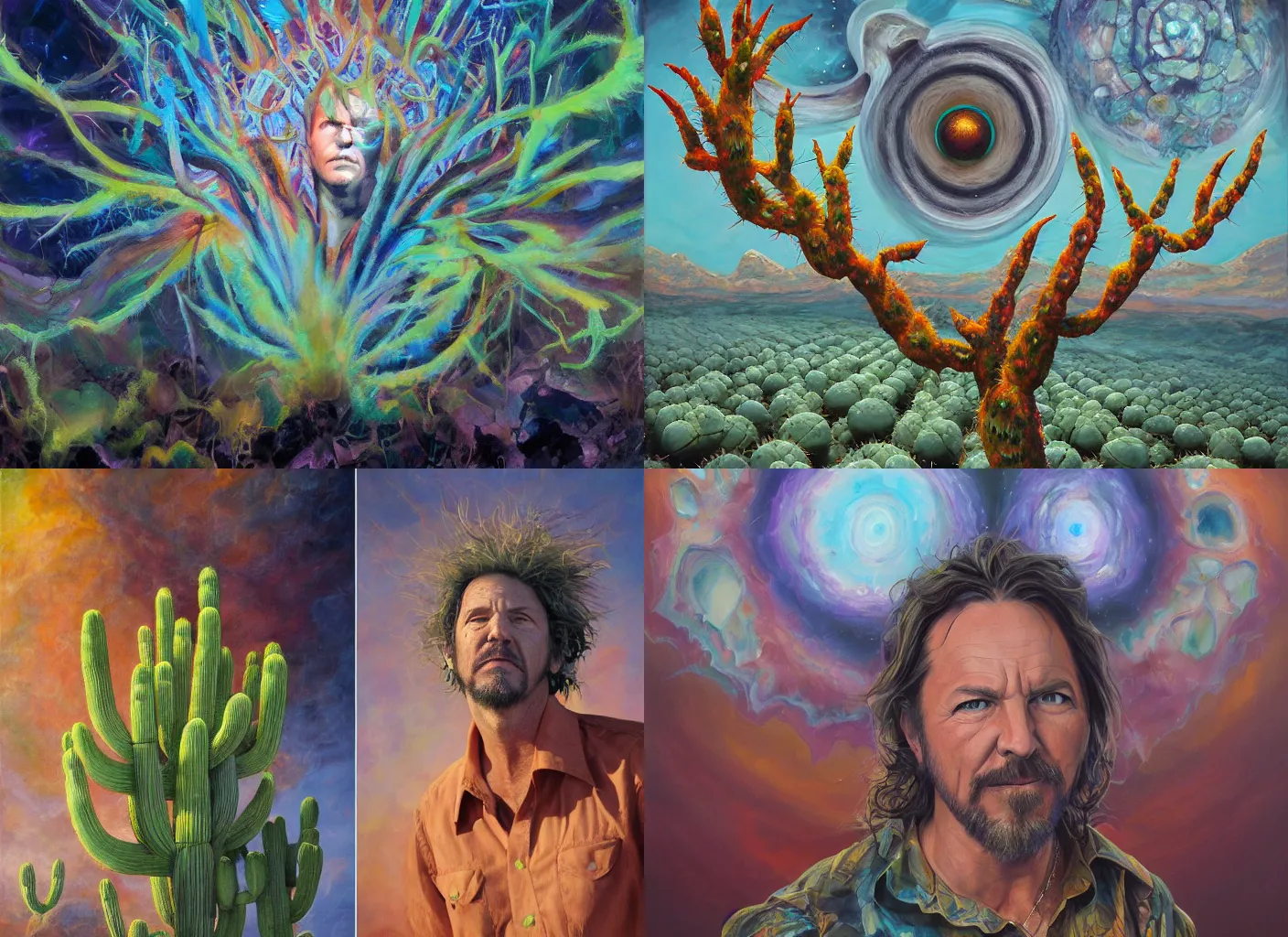 Prompt: eddie vedder portrait, peyote cactus desert, oil painting of gloomy abstract surrealist forms by yvonne mcgillivray by mandy jurgens by michael divine, powerful eyes glowing highly detailed painting of gloomy, spiritual abstract forms, symmetrical, artstation, abstract emotional rage expression, fantasy digital art, patterned visionary art, by michael divine, cosmic nebula