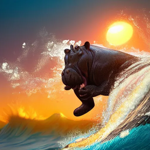 Image similar to a closeup photorealistic photograph of a happy tiger hippopotamus surfing a large wave during sunset. surf in the background. professional capture. brightly lit scene. this 4 k hd image is trending on artstation, featured on behance, well - rendered, extra crisp, features intricate detail, epic composition and the style of unreal engine.