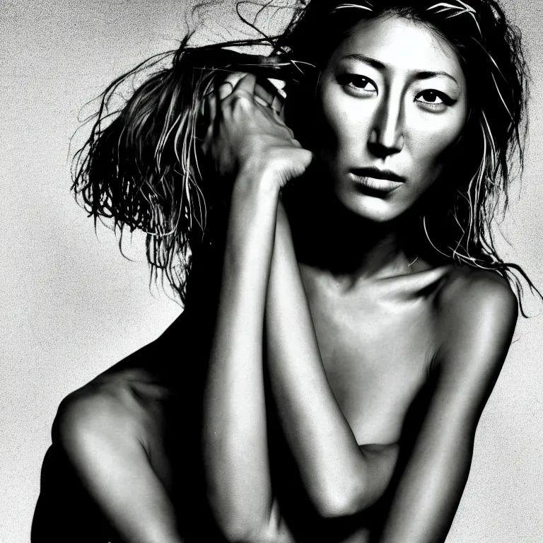 Image similar to photography face portrait on a tropical wallpaper background of a beautiful woman like dichen lachman, black and white photography portrait, skin grain detail, high fashion, studio lighting film noir style photography, by richard avedon, and paolo roversi, nick knight, hellmut newton,