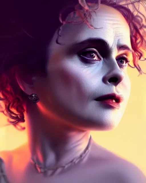 Prompt: Fullbody potrait of Helena Bonham Carter as an angel, hyper realistic, prismatic highlights, atmosphere, gorgeous, depth of field, cinematic, macro, concept art, 50mm, artstation, wlop, elegant, epic, weta digital, focus, octane render, v-ray, 8k, kodak portra, art by Liberatore