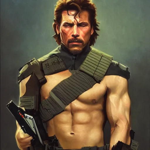 Prompt: Painting of Arnnold Schwarzenegger as Metal Gear Solid character Solid Snake. Art by william adolphe bouguereau. During golden hour. Extremely detailed. Beautiful. 4K. Award winning.