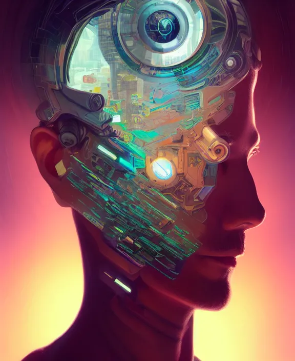 Prompt: a whirlwind inside the metaverse, guy, male, man, hologram, half body, neurochip, android, cyborg, cyberpunk face, by loish, d & d, fantasy, intricate, elegant, highly detailed, colorful, digital painting, artstation, concept art, art by artgerm and greg rutkowski and alphonse mucha