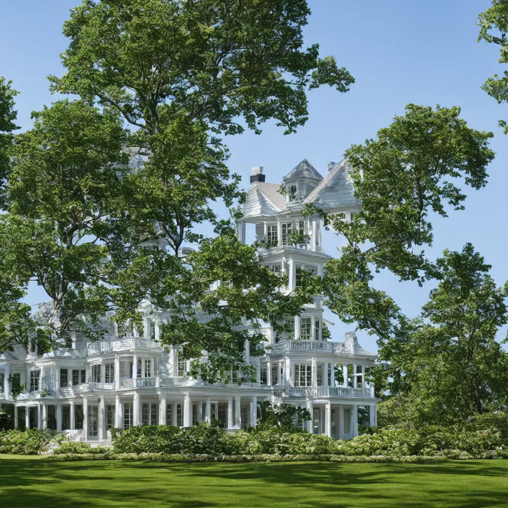 Image similar to hamptons mansion, cape cod architecture, trees and lake, photorealistic, high quality 8 k,