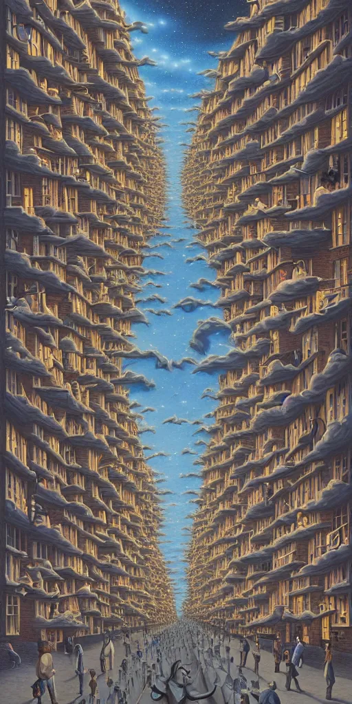 Image similar to A crowded street extending into the night sky, matte painting by Rob Gonsalves, in the style of Salvador Dalí, surrealism, magic realism, optical illusion art