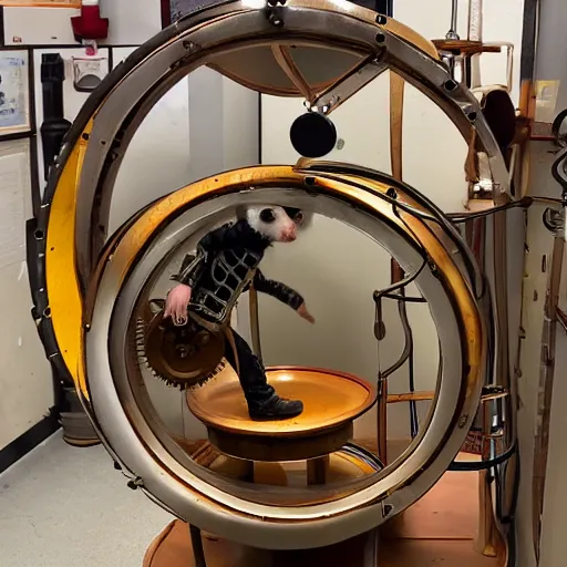 Prompt: a steampunk hamster engineer running inside a hamster wheel that looks like a cog connected to other cogs