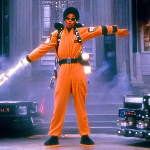 Image similar to stunning awe inspiring michael jackson as a ghostbuster in the movie ghostbusters, movie still 8 k hdr atmospheric lighting
