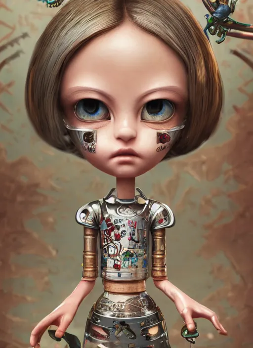 Prompt: closeup portrait of tin toy ninja girl trap, depth of field, zeiss lens, detailed, symmetrical, centered, fashion photoshoot, by nicoletta ceccoli, mark ryden, lostfish, breathtaking, 8 k resolution, extremely detailed, beautiful, establishing shot, artistic, hyperrealistic, octane render