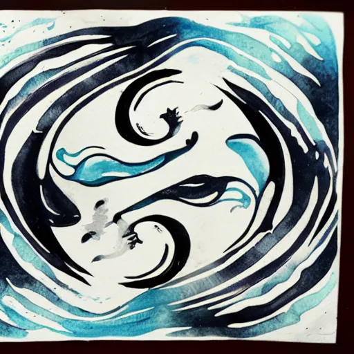 Image similar to whimsical yin Yang sea creatures, ink and wash