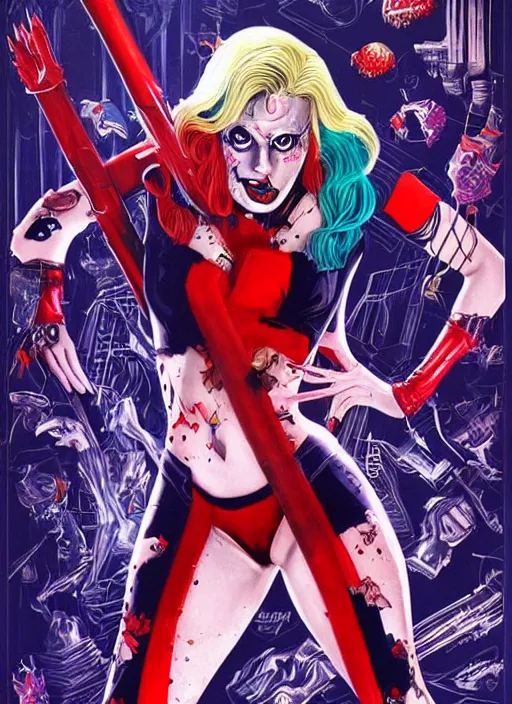 Prompt: beautiful lady gaga as harley quinn, horror, high details, intricate details, by vincent di fate, artgerm julie bell beeple, 1 9 8 0 s, inking, vintage 8 0 s print, screen print