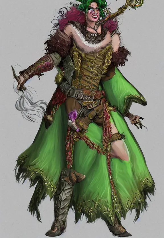 Prompt: d&d character artwork of a brawny orc drag queen (male orc in drag) who has green skin and is wearing a very girly prissy frilly rococo ballgown outfit and wearing a huge rococo powdered wig, rococo fashion, D&D, fantasy, highly detailed, digital painting, artstation, smooth, sharp focus, illustration, art by artgerm and greg rutkowski and alphonse mucha