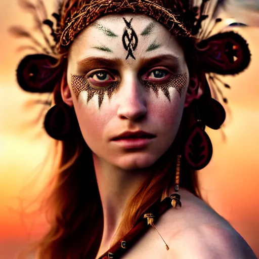 Prompt: photographic portrait of a stunningly beautiful renaissance female with celtic tribal makeup in soft dreamy light at sunset, contemporary fashion shoot, by edward robert hughes, annie leibovitz and steve mccurry, david lazar, jimmy nelsson, breathtaking, 8 k resolution, extremely detailed, beautiful, establishing shot, artistic, hyperrealistic, beautiful face, octane render