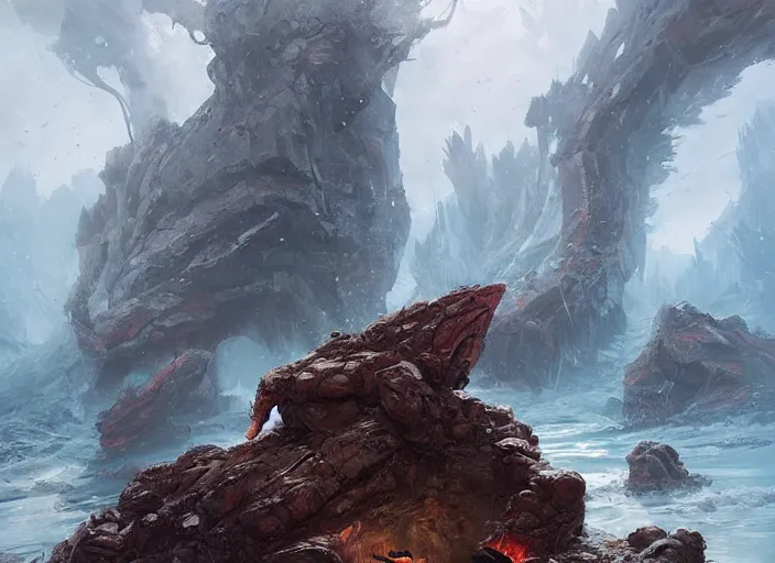 Image similar to a gigantic crustacean monster in a rocky chasm, dramatic fantasy art by greg rutkowski