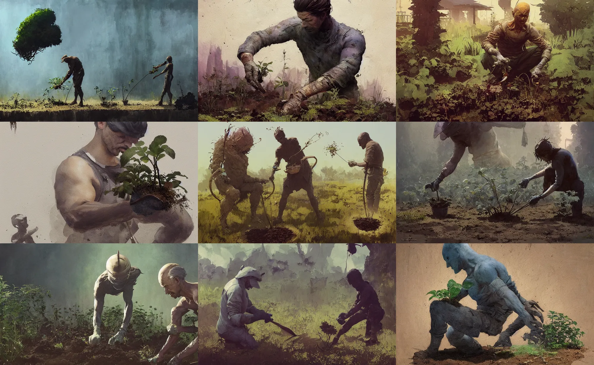 Prompt: a mixed media portrait painting of a gardener planting a seedling, minimalist, by frank frazetta, greg rutkowski, beeple, yoko taro, christian macnevin, beeple, wlop and krenz cushart, epic fantasy character art, high fantasy, cgsociety, full length, exquisite detail, post - processing, masterpiece, cinematic