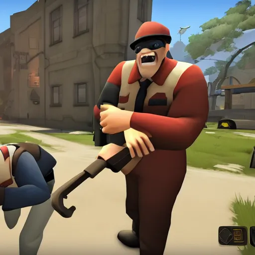 Image similar to Team Fortress 2 screenshot with Heavy eating Scout while Medic laughs