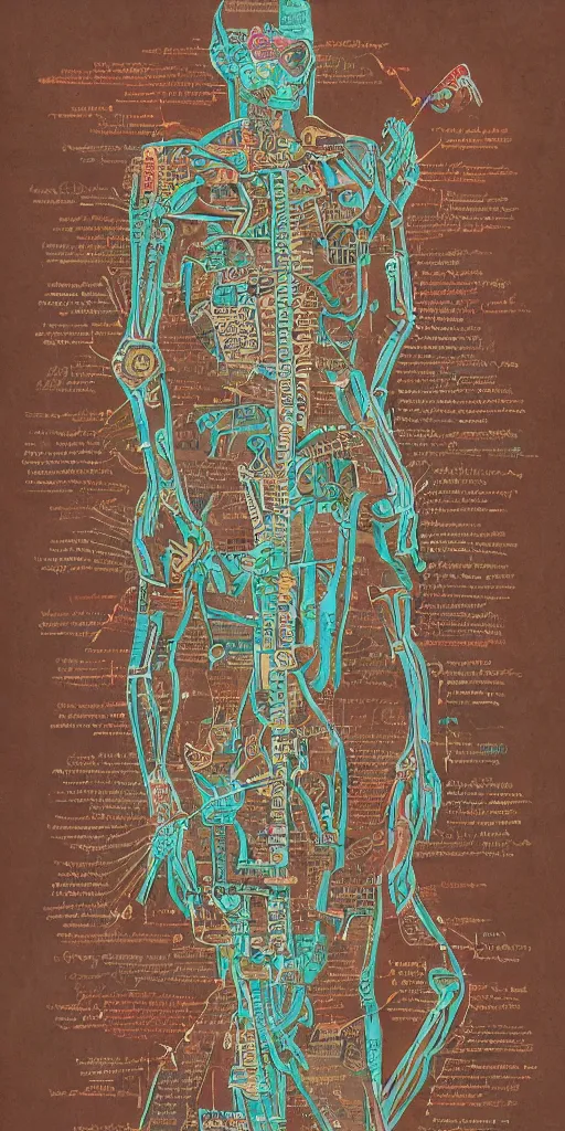 Image similar to anatomy of the terminator, diagrams, map, marginalia, sketchbook, old script, inhabited initials, pastel infographic by Wes Anderson and victo ngai