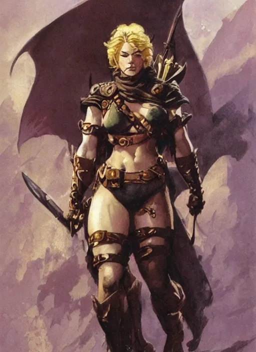 Prompt: portrait of strong female ranger, beautiful! coherent! dungeons and dragons character, by frank frazetta, by brom, strong line, deep color, leather armor, short buzzed hair, high contrast