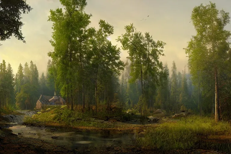 Prompt: A beautiful painting of russian village in dark forest by ivan shishkin and arkhip kuindji, trending on artstation,matte painting