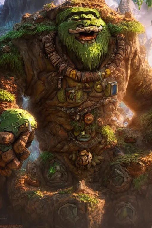 Image similar to zelda fantasy art giant golem troll wood rock greeble gemstone, global illumination ray tracing hdr fanart arstation by sung choi and eric pfeiffer and gabriel garza and casper konefal