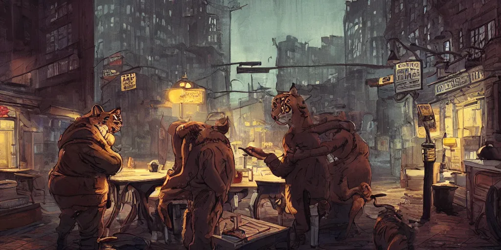 Prompt: a tiger butcher is being interrogated by a detective seal at the police station, new york, cartoonish, zenith view, warm color palette, night time, dramatic lighting, noir film, fine details, high contrast, blacksad, kim jung gi, greg rutkowski, trending on artstation, 8 k, ultra wide angle