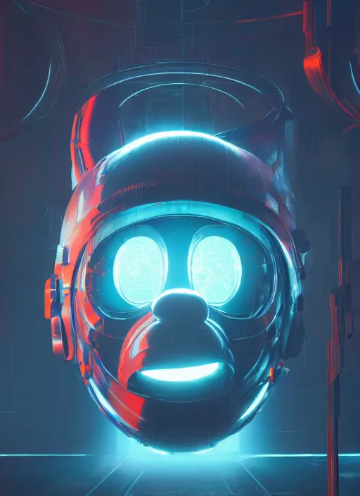 Image similar to giant destroyed head of cyberpunk mickey mouse, inside of netflix office, by beeple, dystopia, golden ratio, octane render, trending on artstation, 8 k