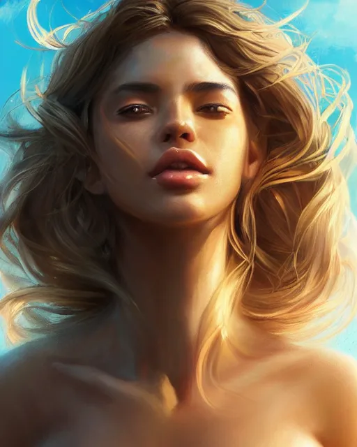 Image similar to summer vibes, beautiful sun tanned goddess portrait, flowy sunkissed hair, sun, summer, cinematic lighting, highly detailed, digital painting, trending on artstation, pixiv, concept art, sharp focus, illustration, art by ross tran and wlop