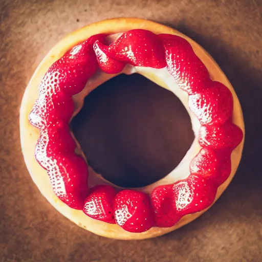 Image similar to Perfectly circular!!!!!! donut!!!!! in the shape!!!!!! of a strawberry!!!!!!, trending on artstation, 4k, 8k, professional photography, overhead shot, 35mm lens