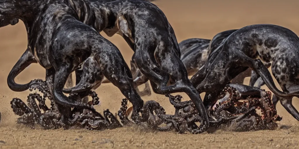 Image similar to national geographic photo of horse full of octopus being eaten by african hunting dogs