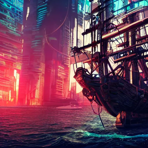 Image similar to high quality photo of a pirate ship in a cyberpunk cyberpunk cyberpunk city, realism, 8k, award winning photo