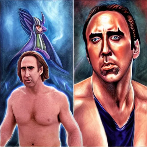 Image similar to nic cage as twilight sparkle, buff, painted portrait, highly detailed,