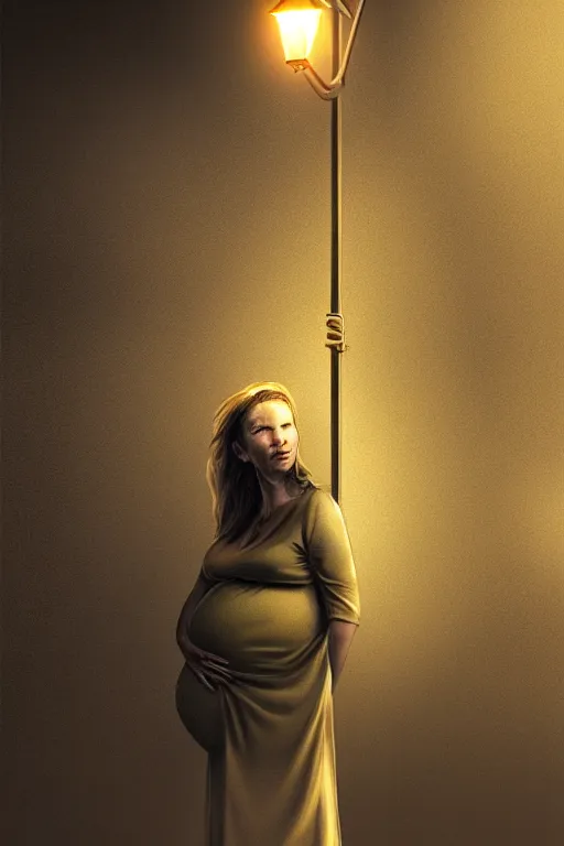 Image similar to pregnant woman under street light, highly detailed, sharp focused, ultra realistic digital concept art by Greg Olson