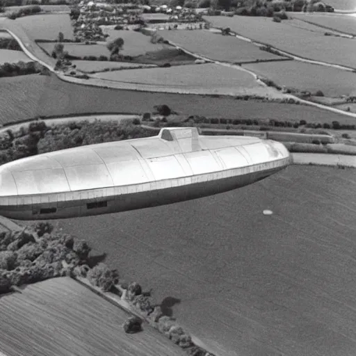 Prompt: 1976 photograph, England, summer, a spaceship floating close to a field