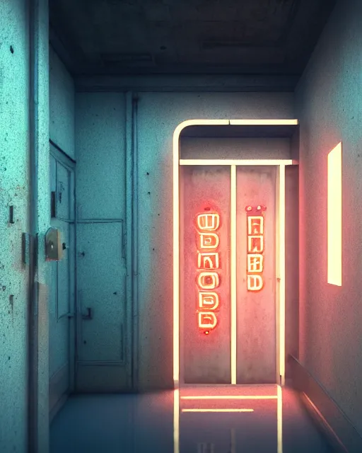 Image similar to a beautiful photorealistic rendering of elevator abandoned urbex architecture nature by carlo stanga, architecture island neon signs studio ghibli infrared bladerunner 2 0 4 9 dramatic lighting heavy rain atlantis dieselpunk uv light, archdaily, wallpaper, highly detailed, trending on artstation.