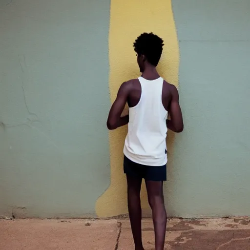 Image similar to black teenage boy wearing a white tank top with a long nose, walking in a nostalgic room with yellow walls and brown carpet