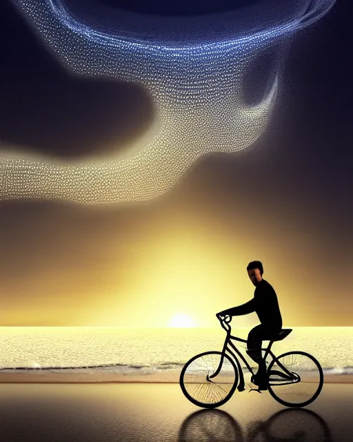 Image similar to photo of man riding a bicycle along the beach that is lit by glowing organisms underwater toward a lighthiuse in the distance, wide horizon, large white clouds, intricate, elegant, highly detailed, digital painting, artstation, concept art, smooth, sharp focus, illustration, art by artgerm and greg rutkowski and fra angelico