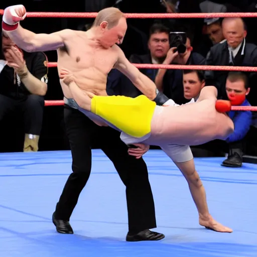 Prompt: Volodymyr Zelenskyj fighting Vladimir Putin in a wrestling match