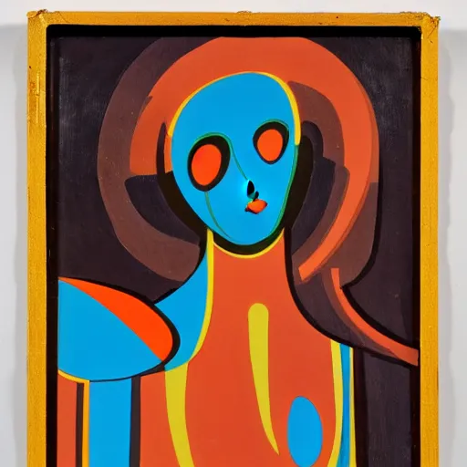 Prompt: An Art Deco Painting of A Robotic Woman, painted with colorful Acrylic Paint on Wood Panel, 1910s-1940s Minimalism, Metropolis. HQ Museum Scan.