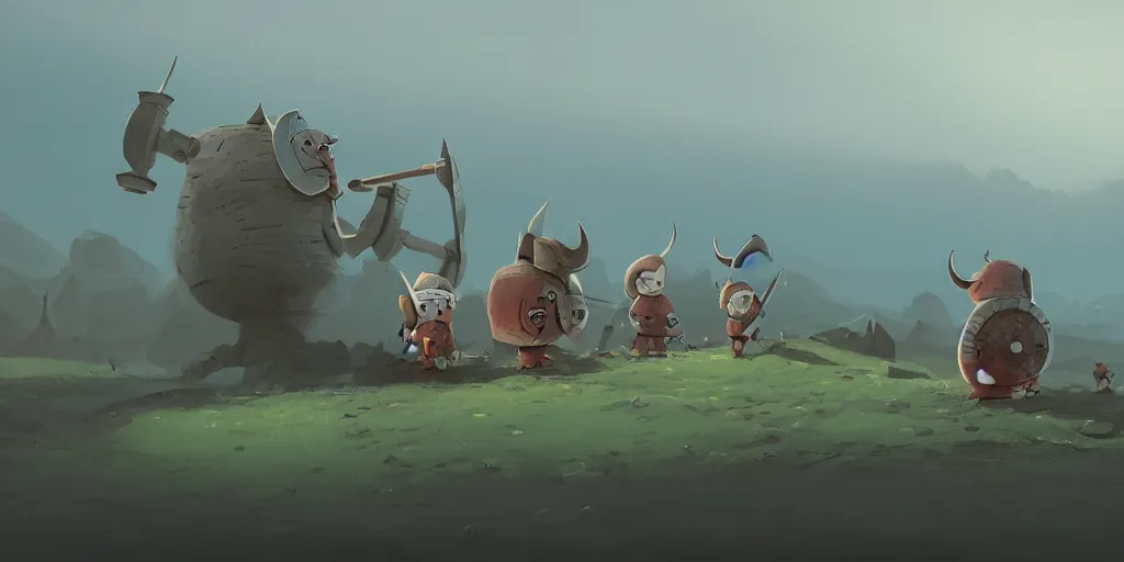 Image similar to cute little cartoon Vikings in Iceland by Goro Fujita and Simon Stalenhag , 8k, trending on artstation, hyper detailed, cinematic