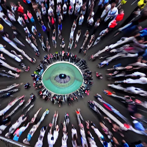 Prompt: t - rex eye - view of people running frantically