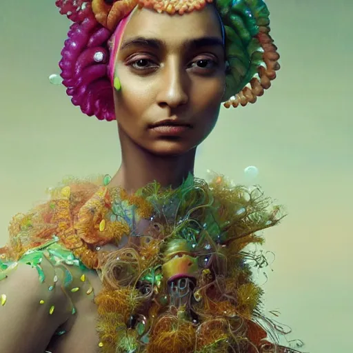 Prompt: a close - up shot of a brown woman wearing a luminous armor made of neon jelly fishes. jellyfish cap. soft lighting. fragile. haunting eyes!! coherent face!! no makeup!! muted colors. by ray caesar. by louise dahl - wolfe. by andrea kowch. surreal photography