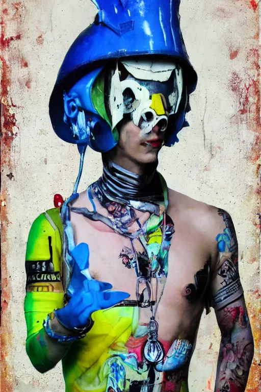 Image similar to a male character wearing a diy! costume,, punk, with fluo colored details and a transparent helmet, full body, muted colors, vivienne westwood, nausicaa, hyper real painting