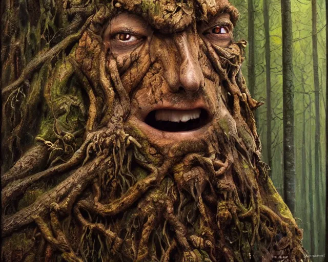 Image similar to a talking tree, a face in the bark, nose made of wood, mouth in the bark, eyes in the bark, fantasy concept art, fantasy oil painting, hyperrealistic, treebeard, ents, magical, highly detailed, artstation, cgsociety, in the forest