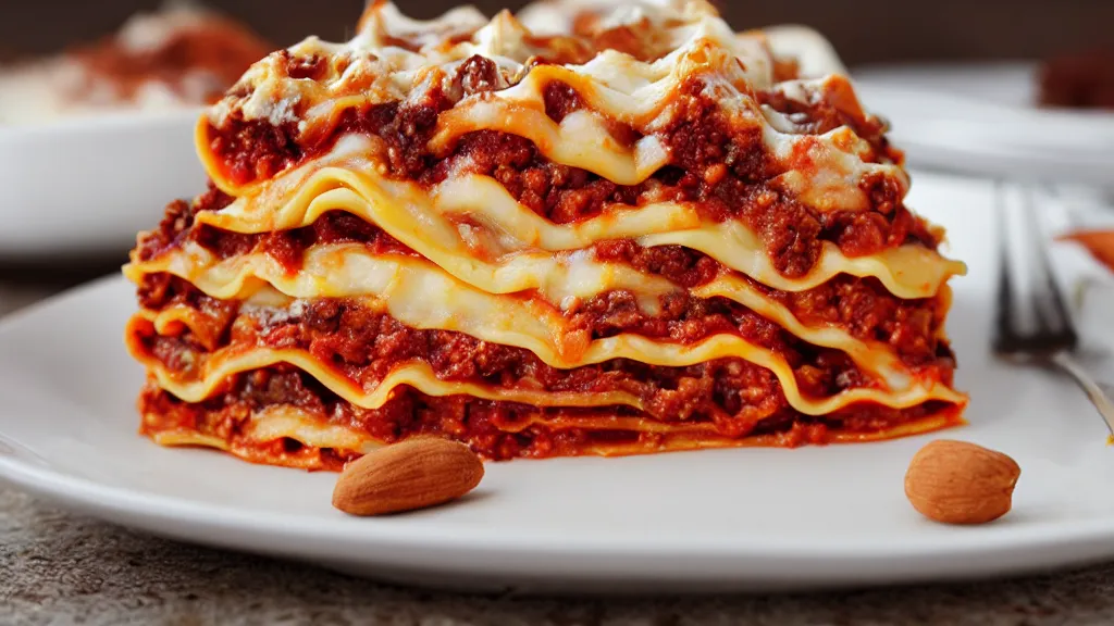 Prompt: lasagna made of cake filled with chocolate, peanuts and caramel,